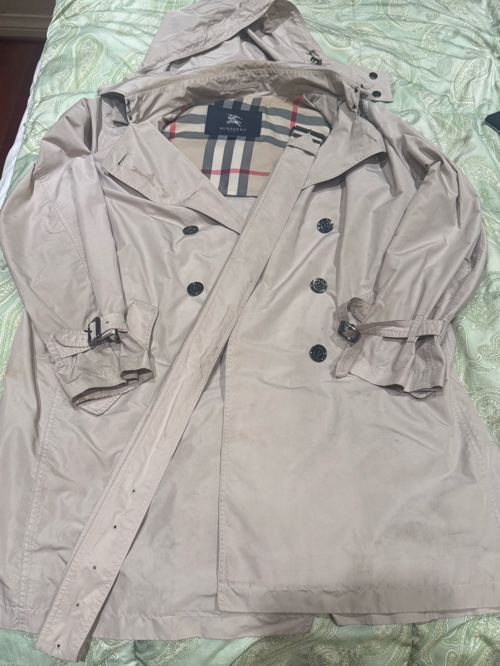 Burberry London Beige Hooded Nova Check Coat Size 46 US L w/ Bag